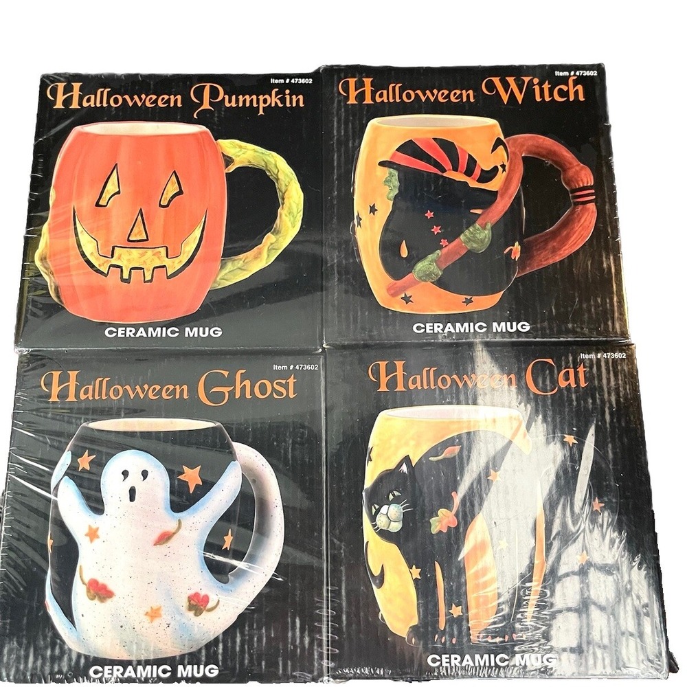 Susan Winget Set of 4 Halloween Pumpkin Witch Cat Ghost Ceramic 22 oz Mugs